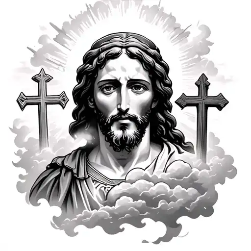 Jesus Coming Out Of Clouds And Crosses In The Background