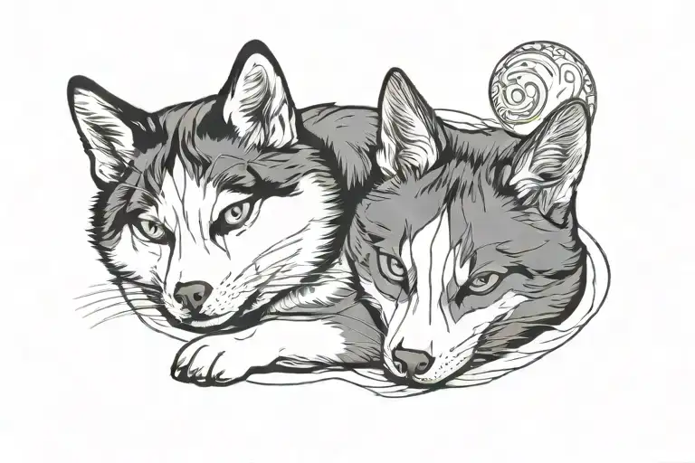 Husky And Tuxedo Cat Laying Like A Yin Yang