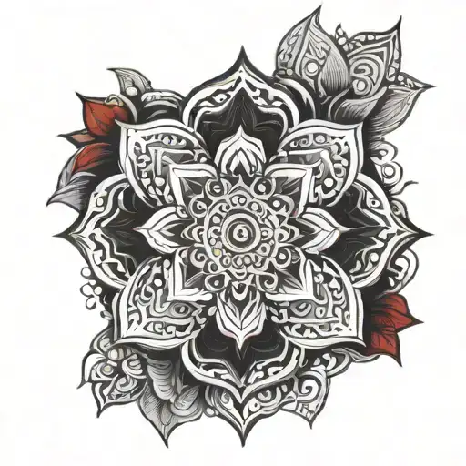 Red And Black Mandala Long Flower Tattoo With Moon
