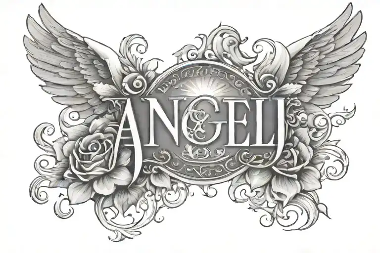 The Word Angel In Old English With Orcets And A Sun With No Wings Just The Word The Flowers And Sun