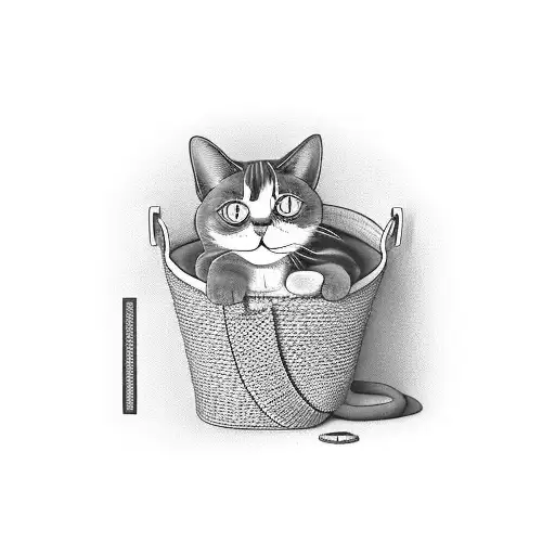 A Cat Curled Up Inside A Knitting Basket With The Letter M On Its Collar