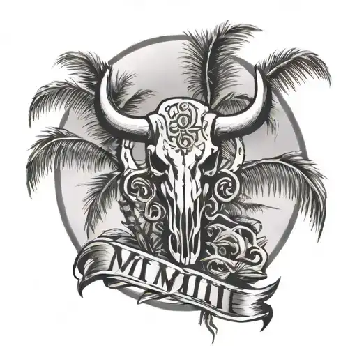 Two Palm Trees With A Bull Skull Wearing With This Text Mmii