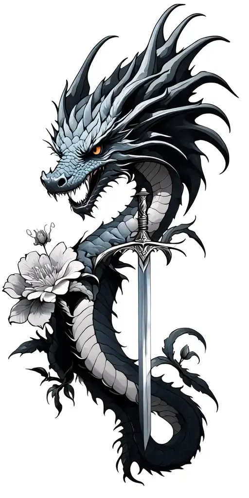 Dragon With Sword And Flower Growing