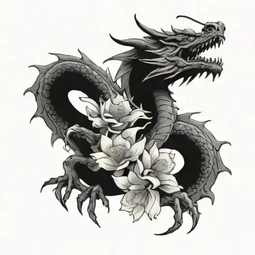 Japanese Dragon Surrounding A Katana And Zakura Flowers