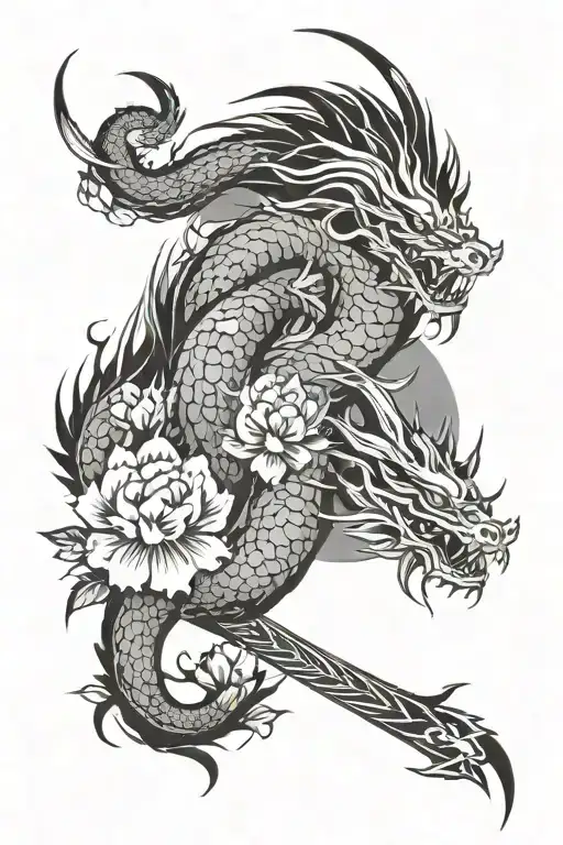 Japanese Dragon Surrounding A Katana And Zakura Flowers Around The Forearm