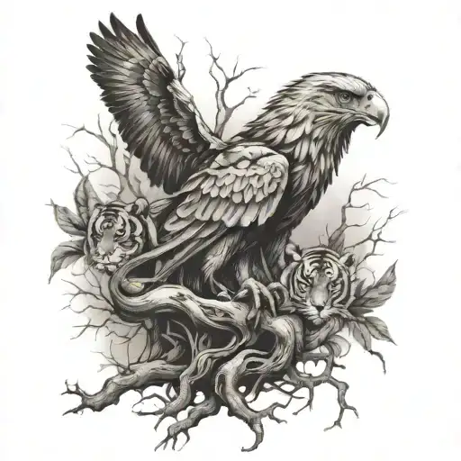 A Tree Roots With An Eagle A Tiger And Butterlfys