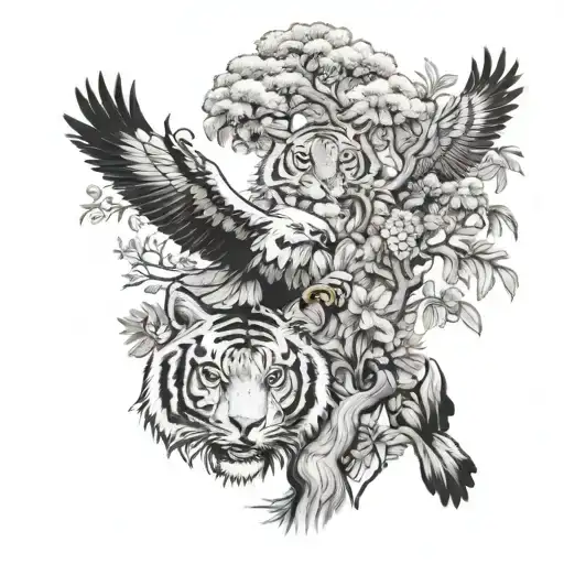 A Tree With An Eagle A Tiger And Butterlfys