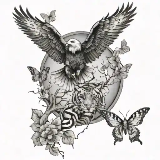 A Tree With An Eagle A Tiger And Butterflies Fluttering