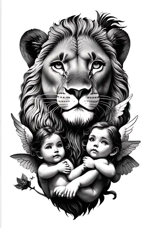 Lioness And 6 Cute Cherubs
