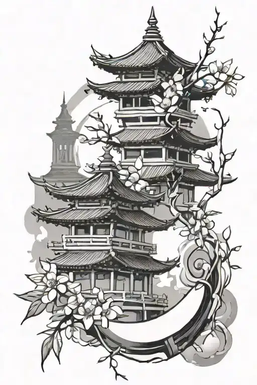 Bamboo With Cherry Blossom And Temple With Moon Surrounded