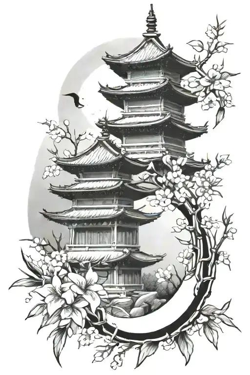 Bamboo With Cherry Blossom And Temple With Moon Surrounded