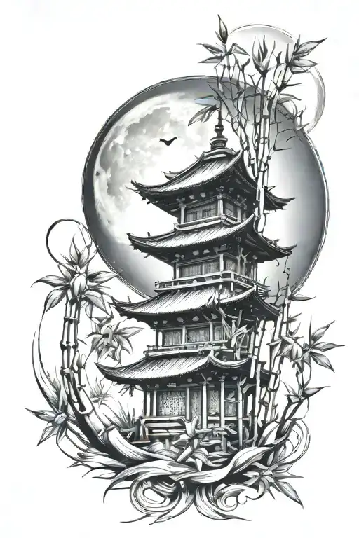 Bamboo With Temple And Moon Shining