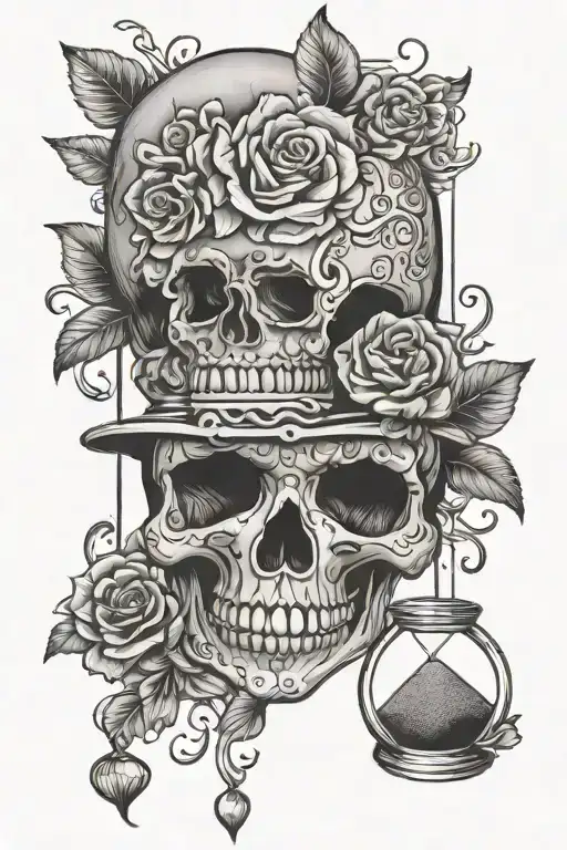 Sugar Skull And Hourglass With Sand Slipping Through Fingers