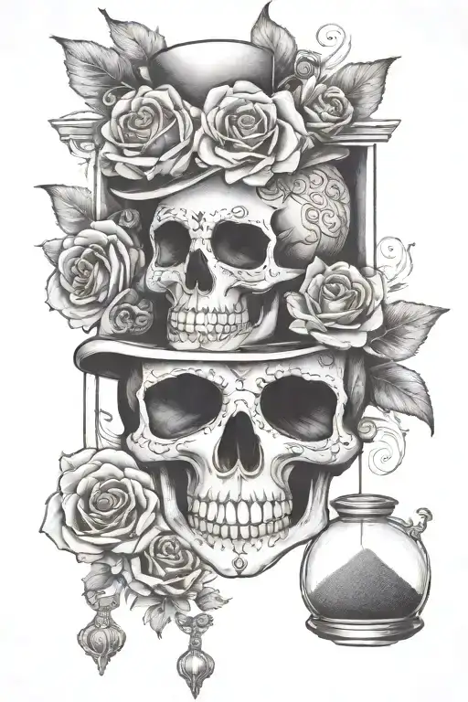 Sugar Skull And Hourglass With Sand Slipping Through Fingers