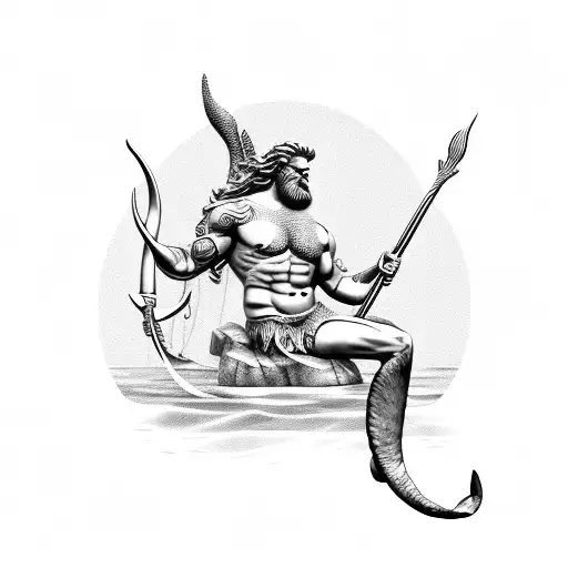 Poseidon Sitting With A Mermaid On His Legs And Holding The Trident