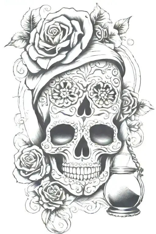 Sugar Skull And Hourglass With Sand Slipping Through Fingers