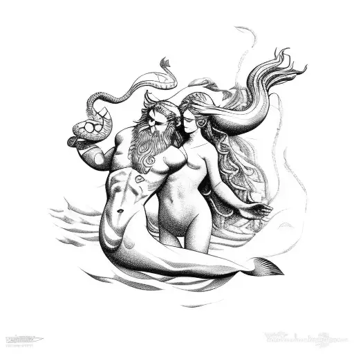 Poseidon With A Sexy Mermaid