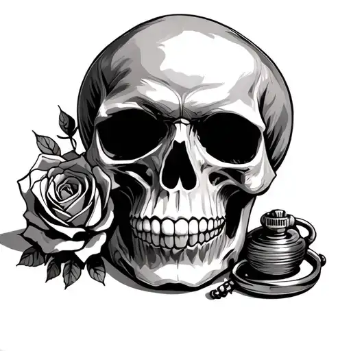 Pocket Watch Skull With Rose In Mouth Open