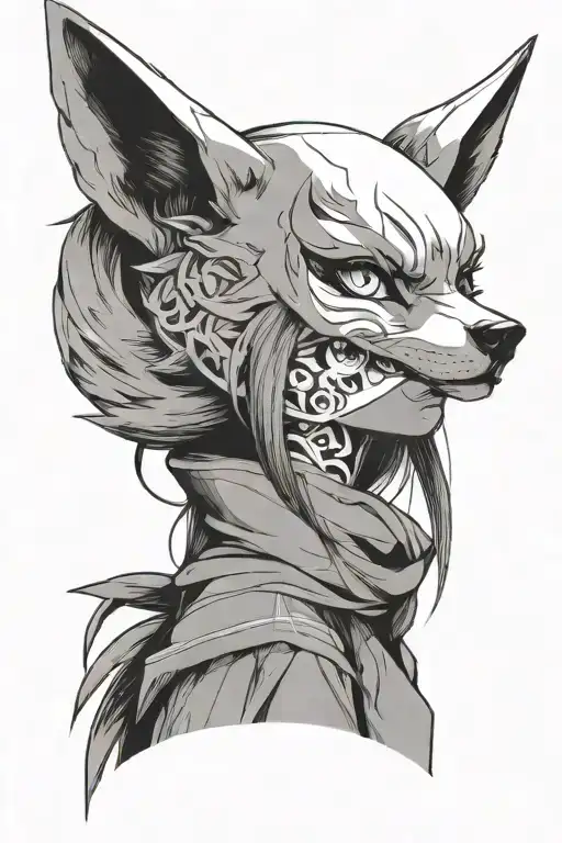 Draw An Anime-style Sketch Of A Girl With A Kitsune Mask And Add Something To The Background