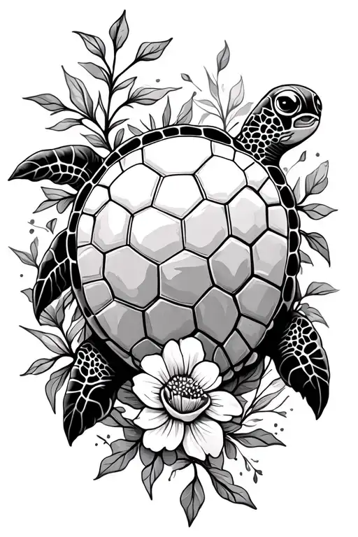 Baby Sea Turtle With Flowers And Vines Wrapped