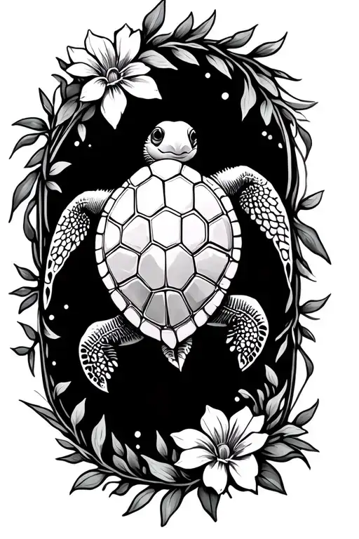 Baby Sea Turtle With Flowers And Vines Wrapped Round