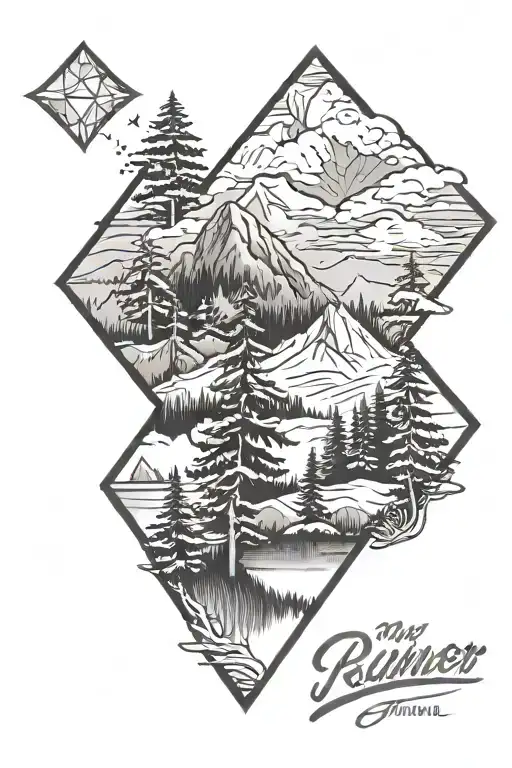 My Rainier With Evergreens Inside A Diamond Shape Outline