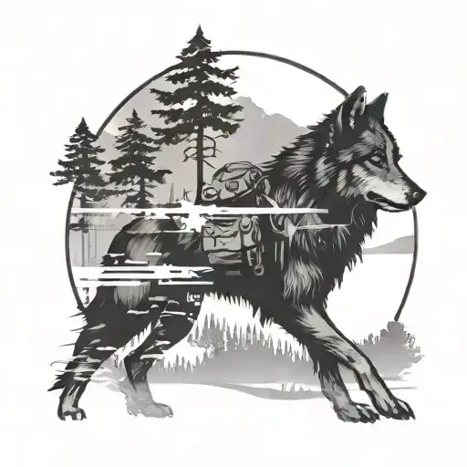 A Veteran Soldier Silhouette With A Wolf Companion Walking Through A Serene Nature Scene