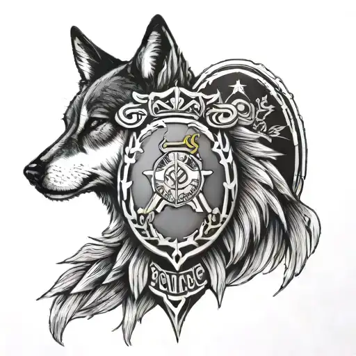A Black And Grey Tattoo Of A Military Police Badge With A Wolf Silhouette In The Background