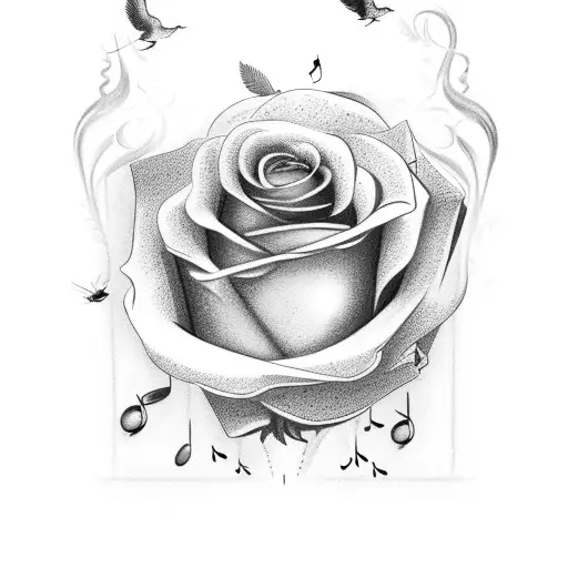 Rose Wine In Glass With Birds And Musical Notes Along With Perfume