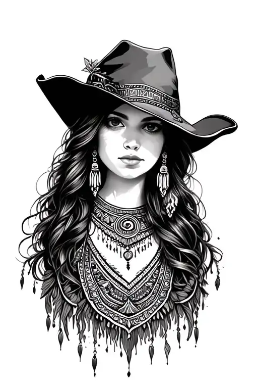 Girl Dark Boho Western Mandela Design With Elements