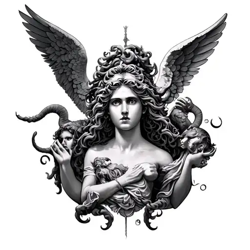 Black And Grey Leg Sleeve With Mythology Angels And Demons With Medusa St Michael