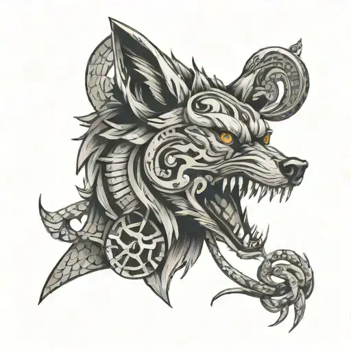 3 Eyed Wolf With 5 Elements And A Snake