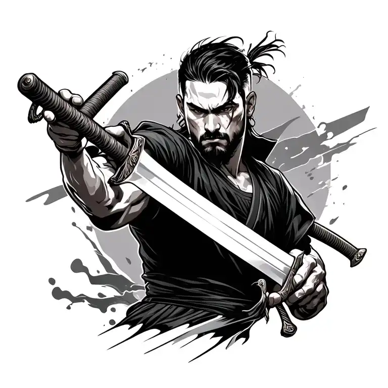 Man Holding Big Katana Slicing Move