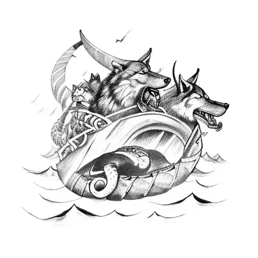 A Fierce Viking Ship Sailing Through A Stormy Sea With Two Wolves Protecting It From A Giant Snake