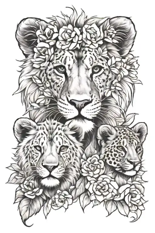 Floral And Lion Cubs Face Only