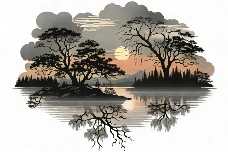 Rose Clouds Trees Colors Sunset Over Lake