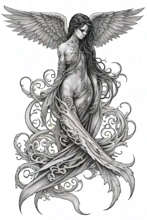 Full Sleeve Tattoo Half Angel Half Death With Floating Wings And Full Wings