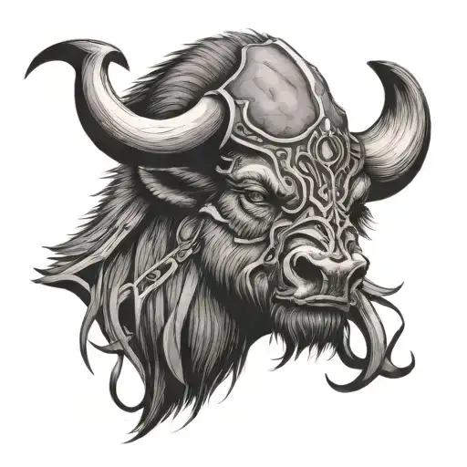 Bison Face With Crossing Grim Reaper Scythes Opposed Joined