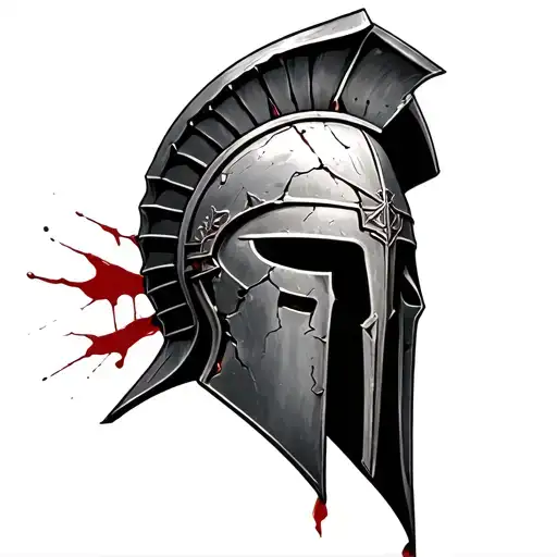 Broken Spartan Helmet In Blood With Dents