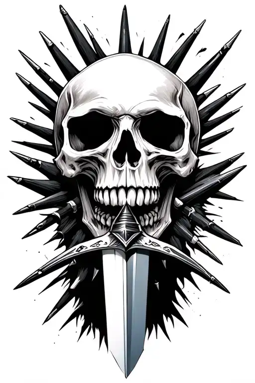 Skull With A Sword Through It And Black Spikes