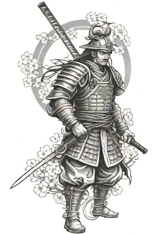 Samurai Warrior With Temple Surrounded By Cherry Blossoms
