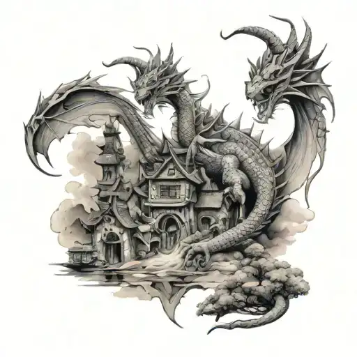 Dragon And Village Behind
