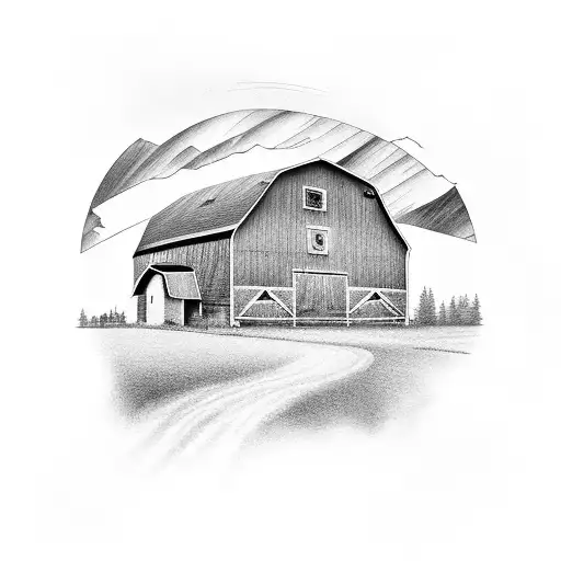 A Serene Landscape Of A Barn Surrounded By Mountains And A Horse Grazing Nearby