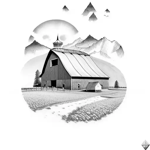 A Serene Landscape Of A Barn Surrounded By Mountains And A Horse Grazing Nearby