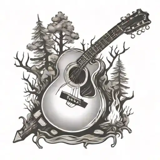 A Peaceful Campfire Scene With A Guitar Leaning Against A Tree