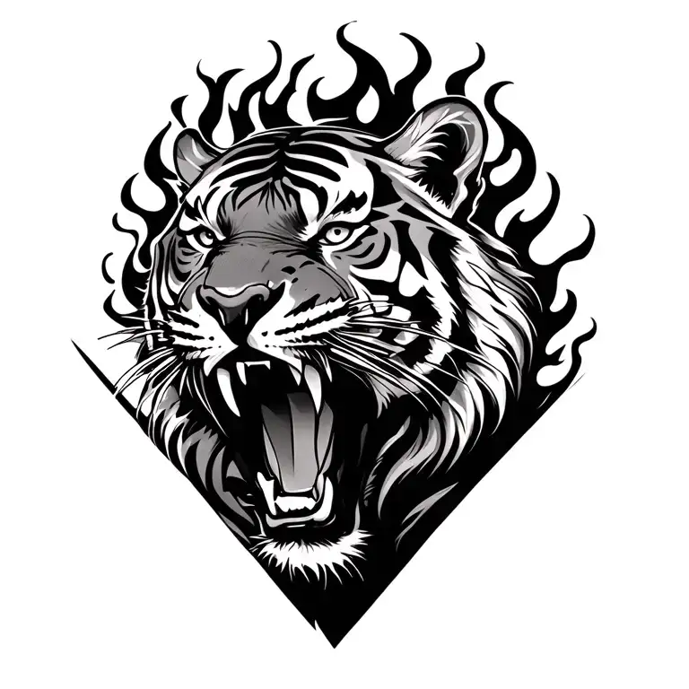 Tiger Roaring Flames Surrounding