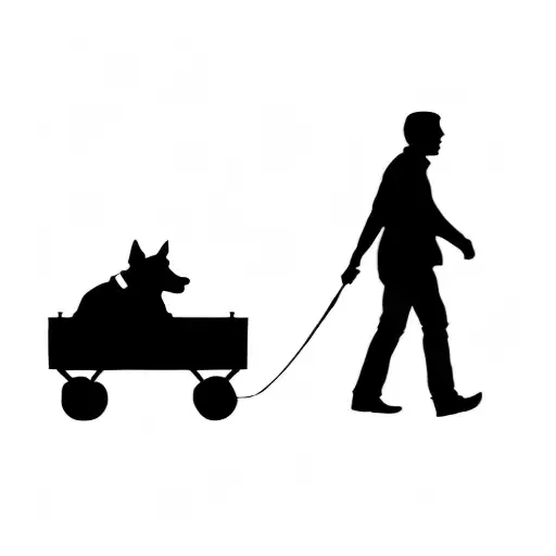 A Man Walking A Dog In A Wagon