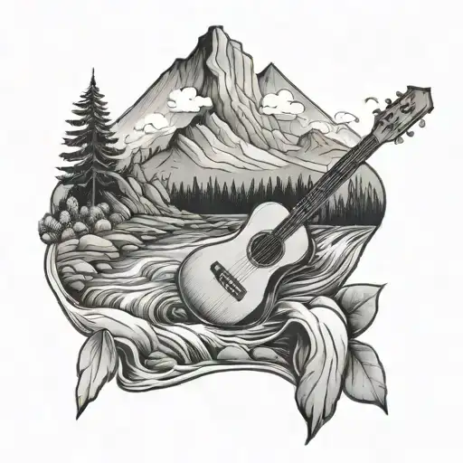 A Peaceful Landscape With A Hidden Guitar In The Mountains And A Stream Flowing Through