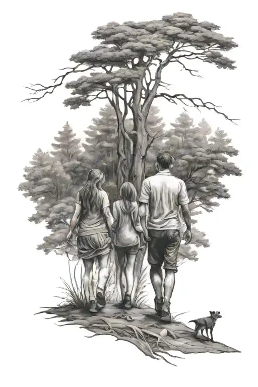 Man Woman And Two Children Walking Through A Forest