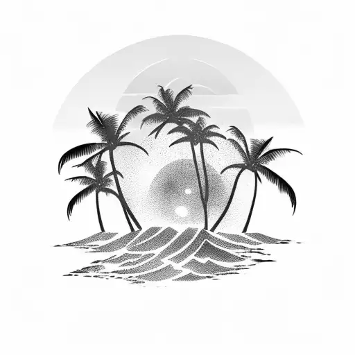 A Palm Tree Silhouette With A Sunset And Waves Inside